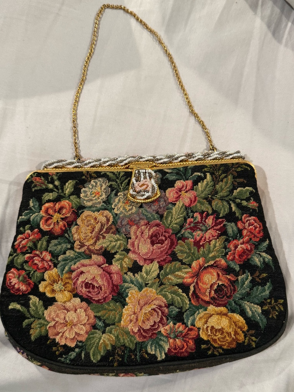Vintage Floral Tapestry Clutch with Beaded Gold Frame - Black/Multicolor